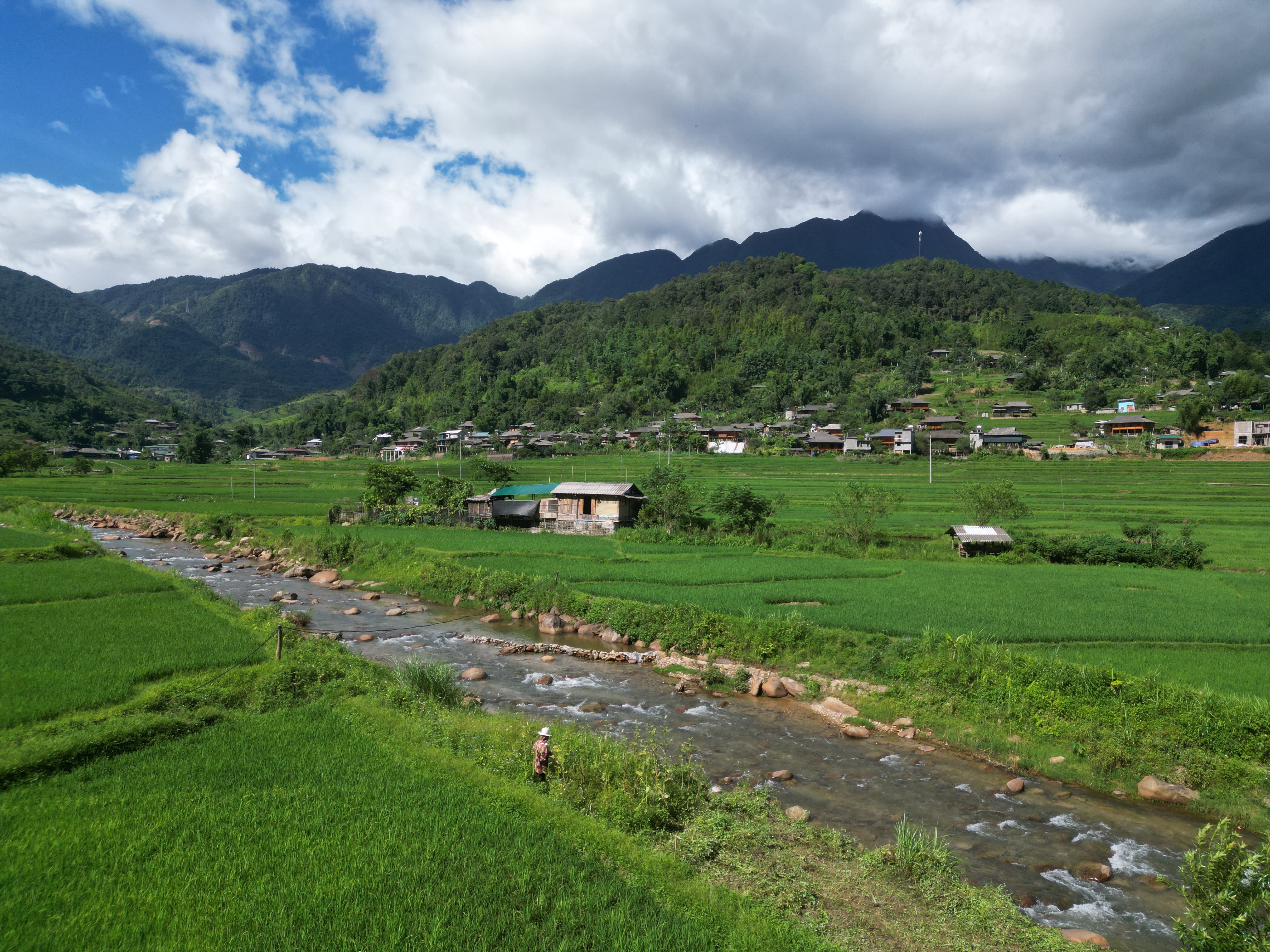Bản trong thung lũng, suối chảy giữa ruộng lúa